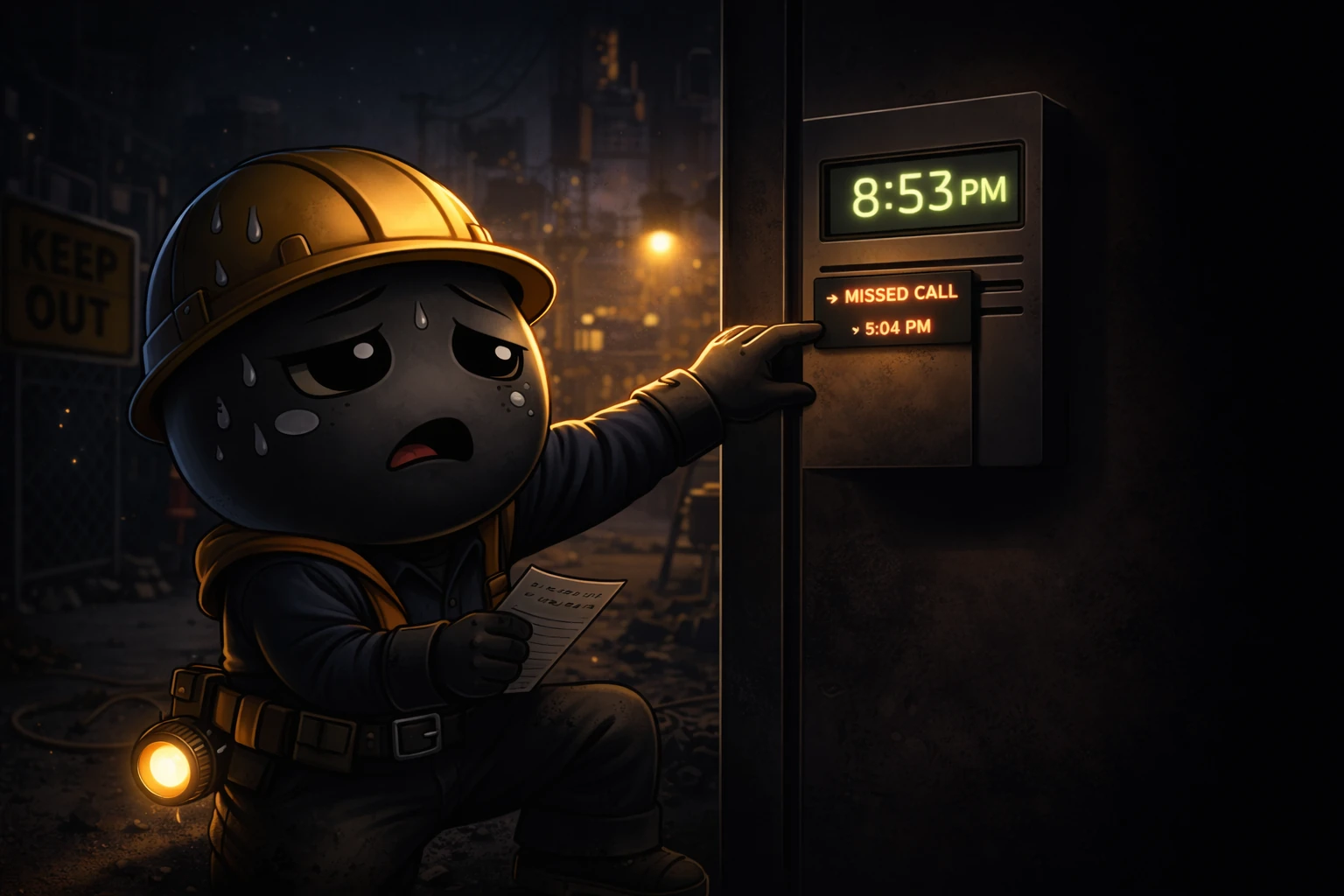 Tradesperson on a job site at dusk, missing a call that books with a competitor by 9pm
