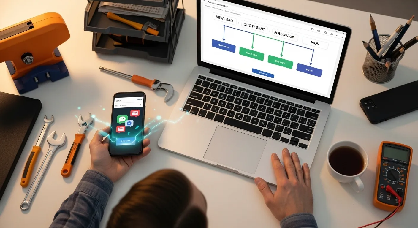 Overhead flat-lay of a tradesperson's desk showing a smartphone with AI notifications, a laptop with a lead pipeline, tools, a branded diary, and a cup of tea