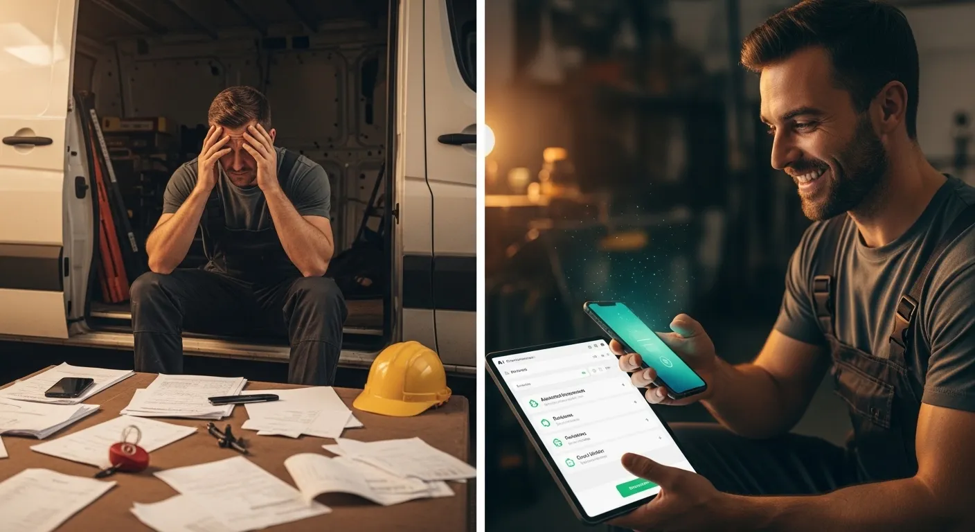 A split-screen showing a frustrated tradesman surrounded by paperwork and missed calls on the left, and the same tradesman relaxed with an AI dashboard showing automated responses on the right