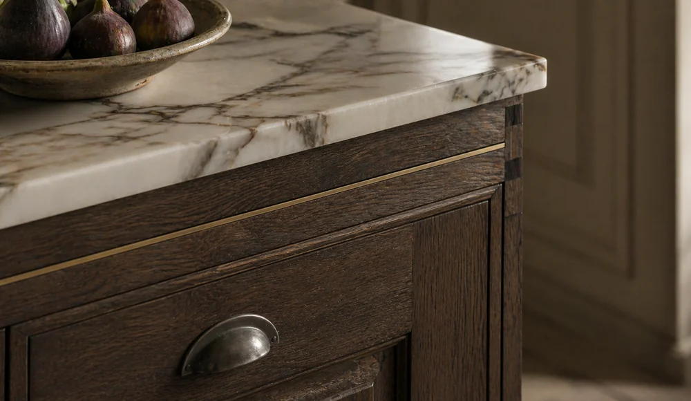 Close-up of hand-finished smoked oak joinery with brass inlay and Calacatta marble worktop on a luxury kitchen island