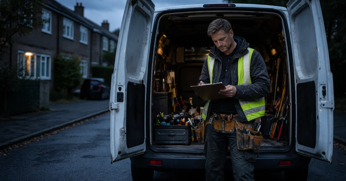A UK tradesperson at the end of a long day, looking at a quiet phone — illustrating the familiar switch from fully booked to chasing work