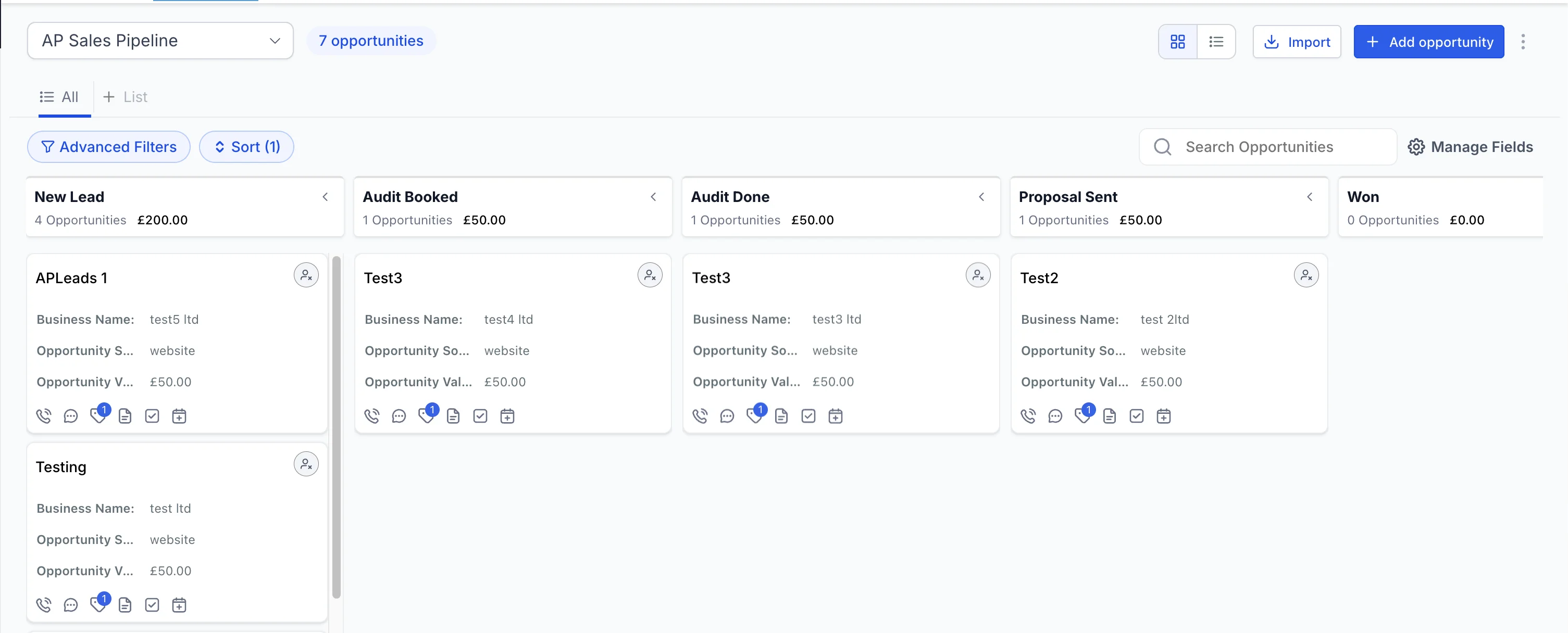 A CRM pipeline dashboard showing leads moving through stages from New Enquiry to Job Done — what GoHighLevel looks like in practice
