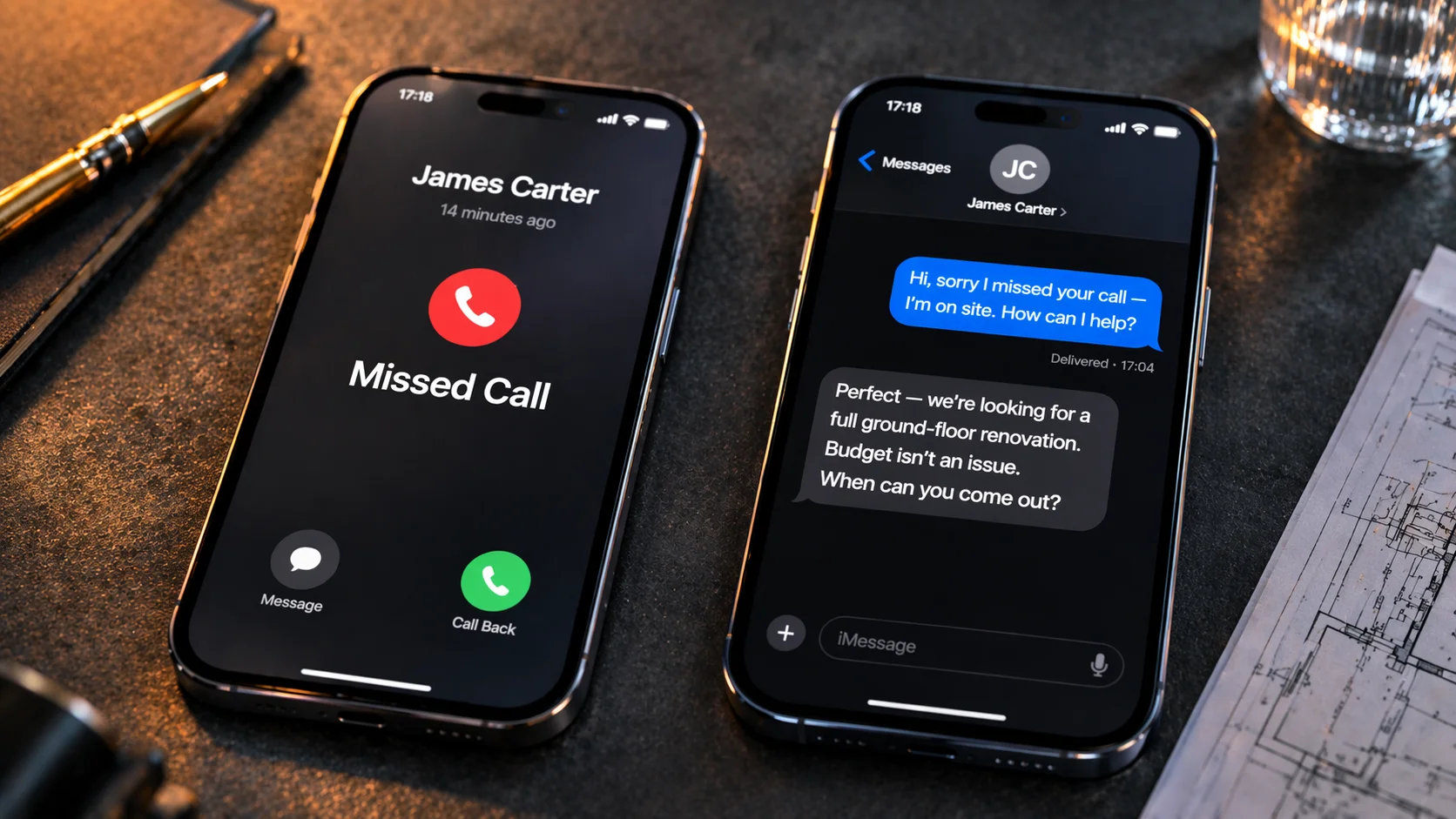 Two phones side by side — one showing an instant automated text response to a missed call, the other showing a blank screen with a missed call notification from 4 hours ago. The first phone wins the job.