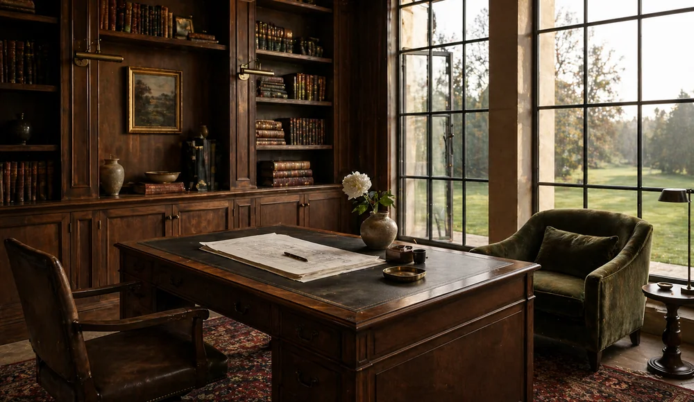Editorial interior of a private home study with bespoke walnut joinery, leather-topped desk and morning light through Crittall windows