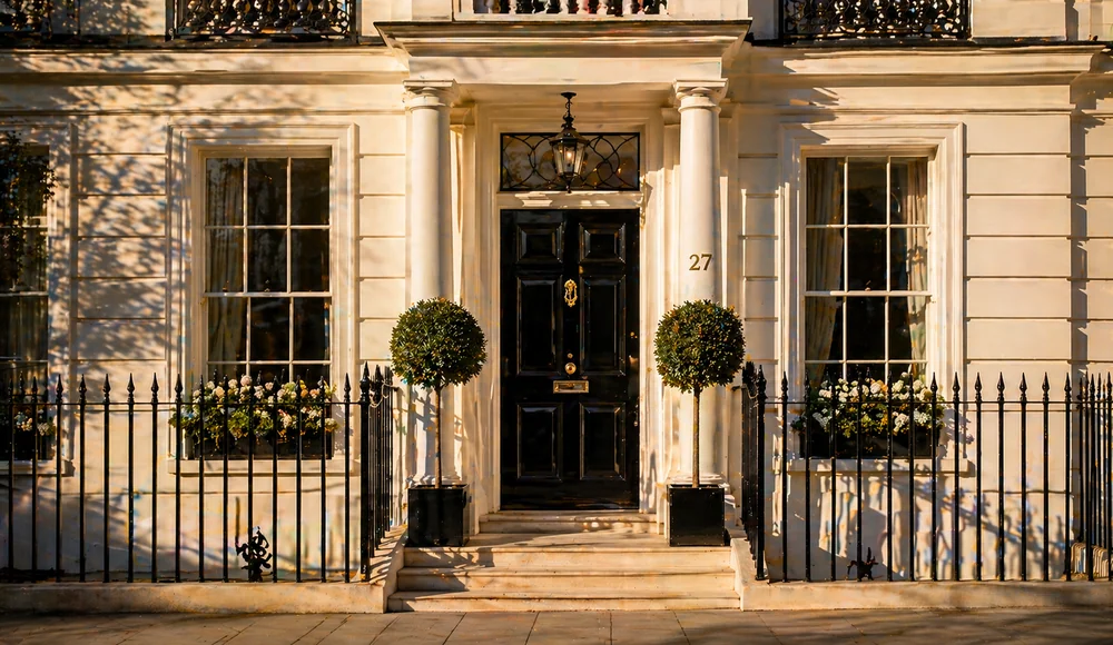 Restored Georgian stucco-fronted townhouse facade in Notting Hill with iron railings, polished brass door furniture and clipped bay topiaries