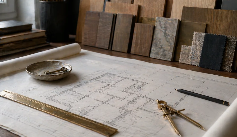 Architect's drawing table in a luxury practice studio with rolled-out floor plan, brass scale ruler, brass dividers and material samples in soft focus behind