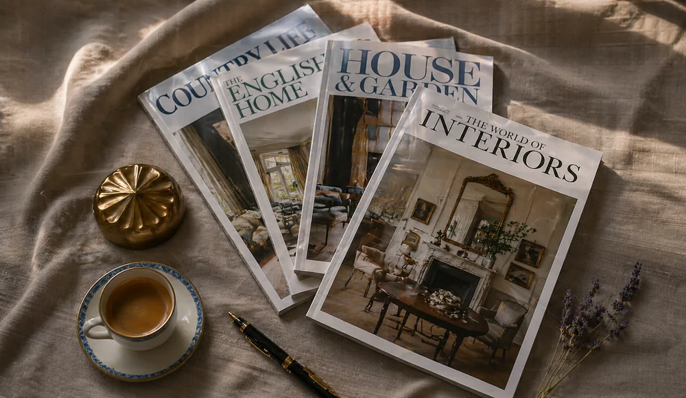Premium UK interiors and architectural publications fanned out on linen — World of Interiors, House and Garden, The English Home, Country Life