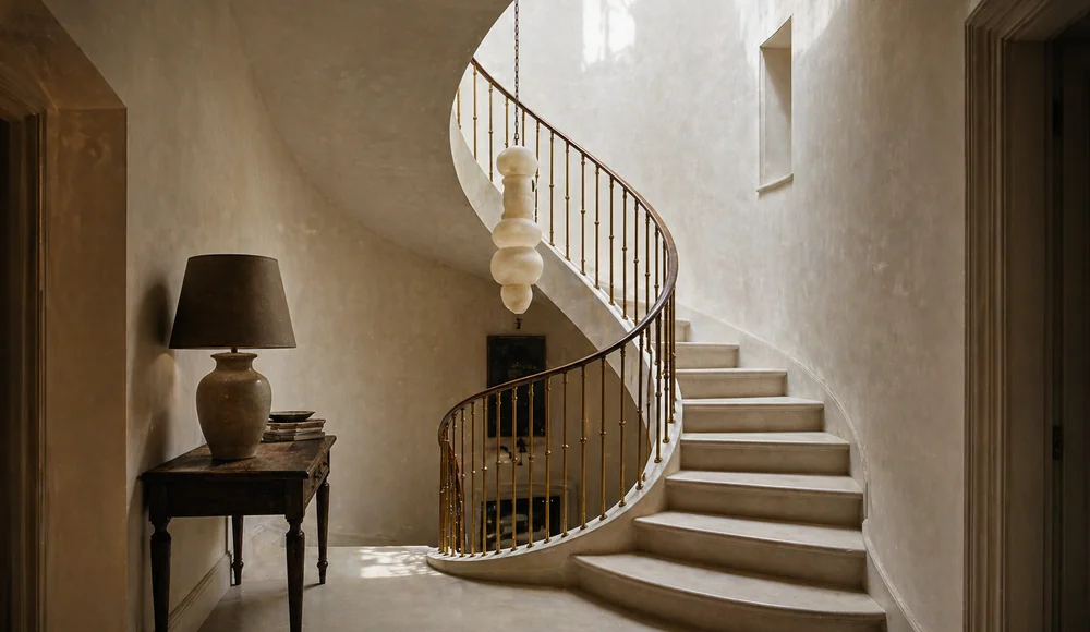Sweeping curved staircase in a luxury Notting Hill townhouse renovation with Venetian plaster walls and brass handrail