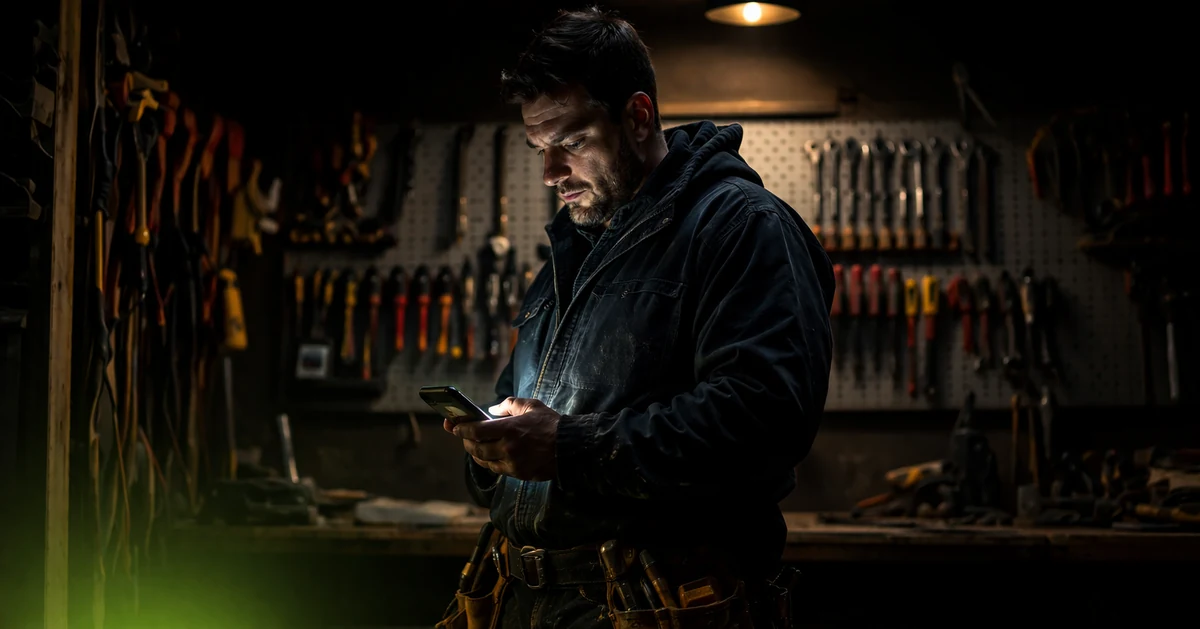 A UK tradesperson on site checking his phone — AI notification shows a missed call has been captured and a follow-up sent automatically