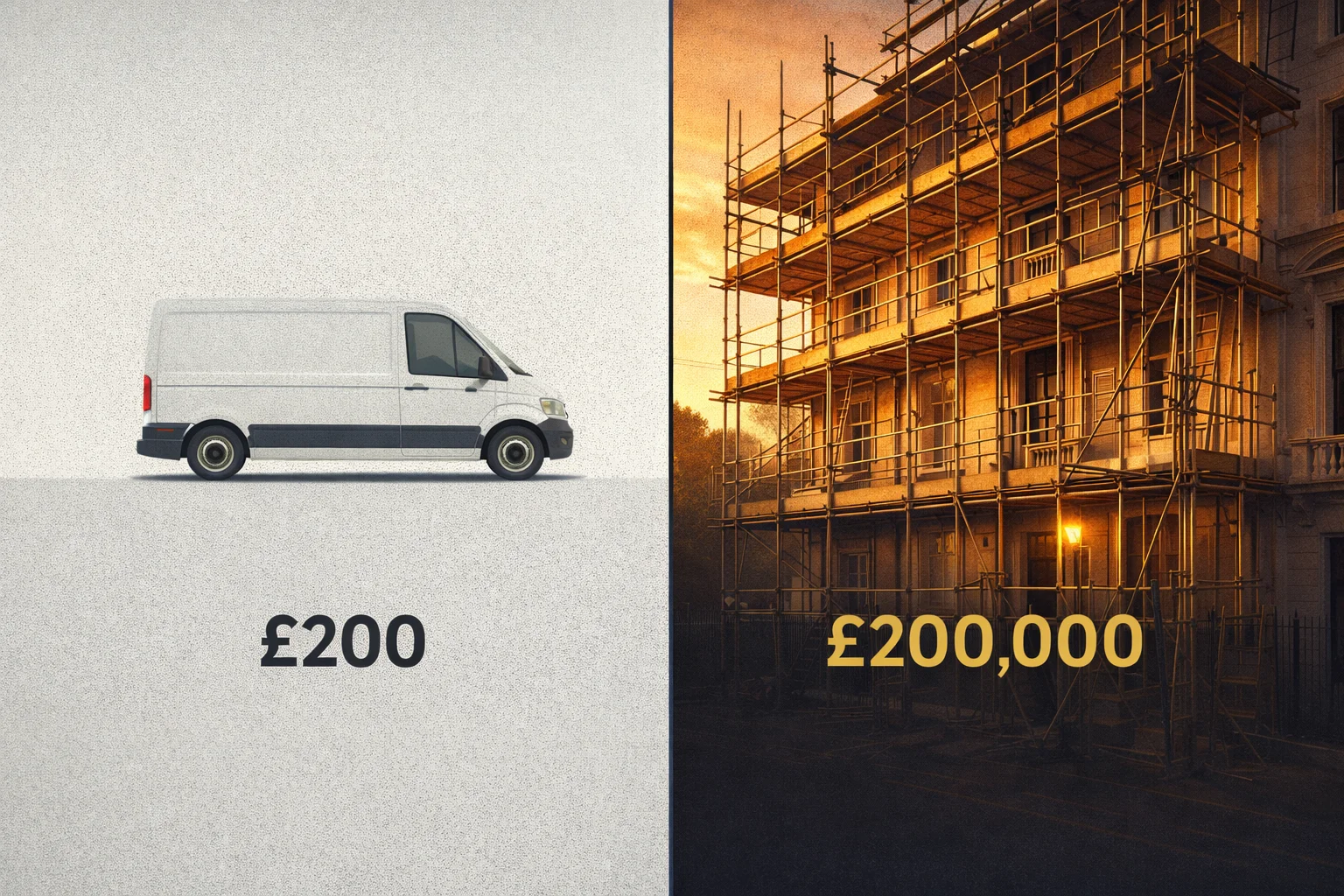 A visual comparison showing the revenue impact of one lost lead at different business sizes — £200 for a small tradesperson versus £200,000 for a premium contractor — illustrating why systems matter exponentially more at the high end