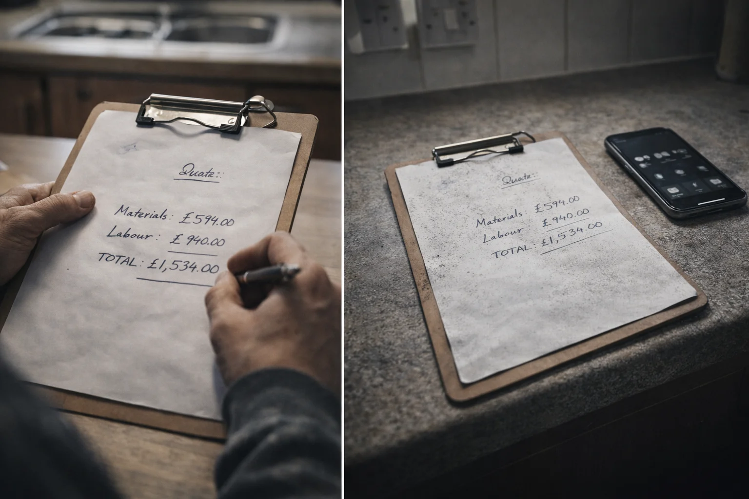 A split image: on the left, a tradesman writing a detailed quote at a kitchen table. On the right, the same quote lying untouched and gathering dust — the visual cost of no follow-up