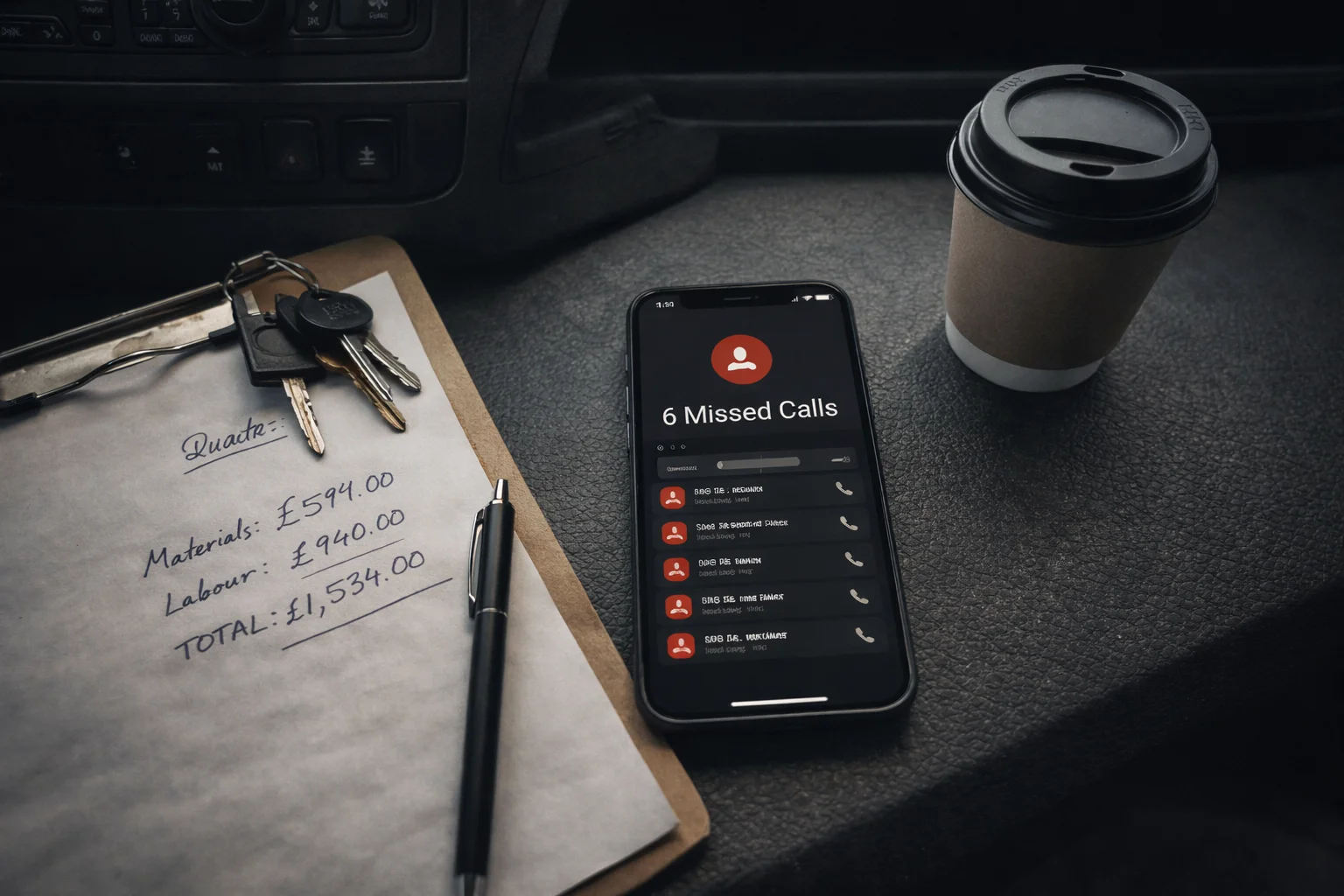 A UK tradesman's van dashboard with a phone showing missed call notifications, a clipboard quote, and a takeaway coffee — the daily reality of leads slipping through the cracks